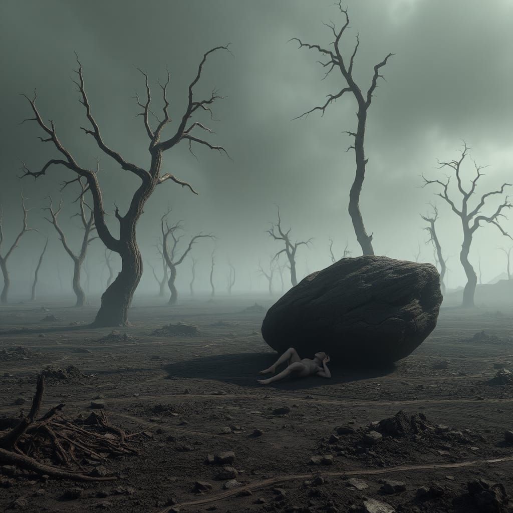 Desolate Cosmic Landscape with Skeletal Trees in 3D