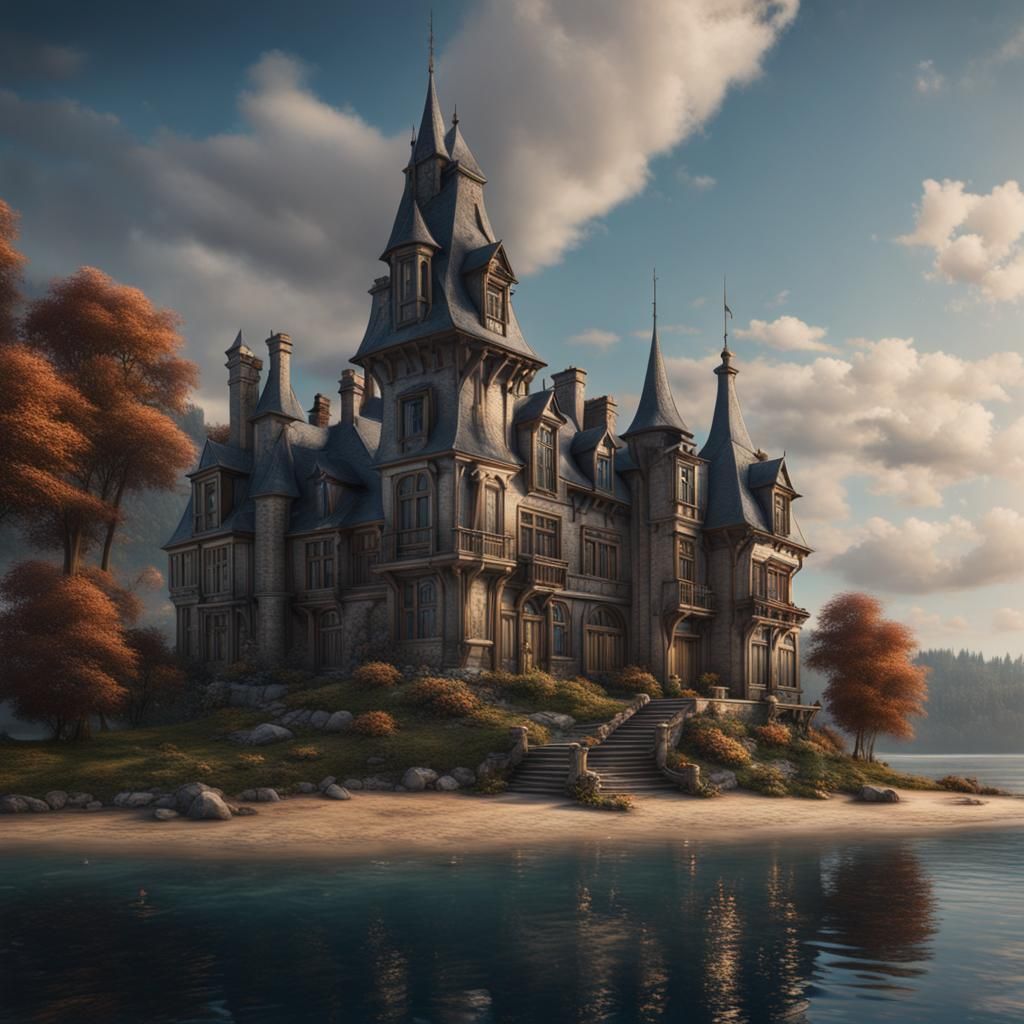 Beachfront Manor with Lake: Detailed Fantasy Art