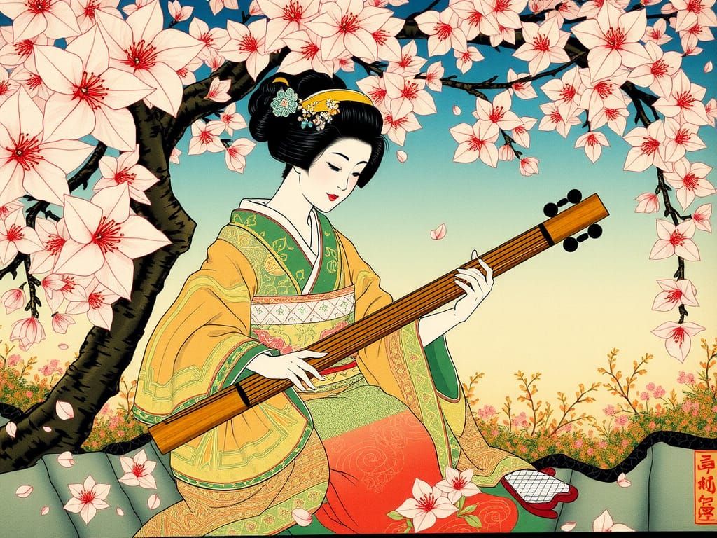 Geisha Plays Koto in Ukiyo-e Woodblock Print Style