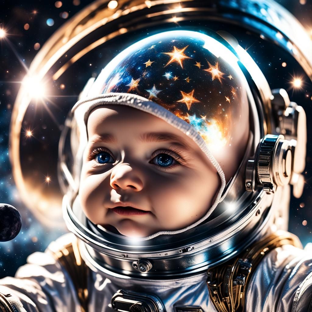 Hyper-Realistic Baby Astronaut Among the Stars