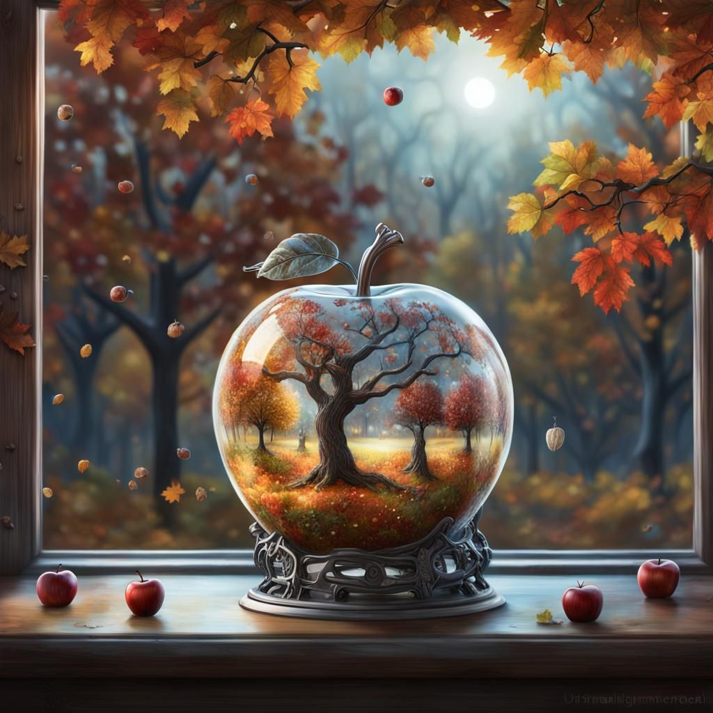Glass Apple with Autumn Orchard, Mechanistic Concept Art