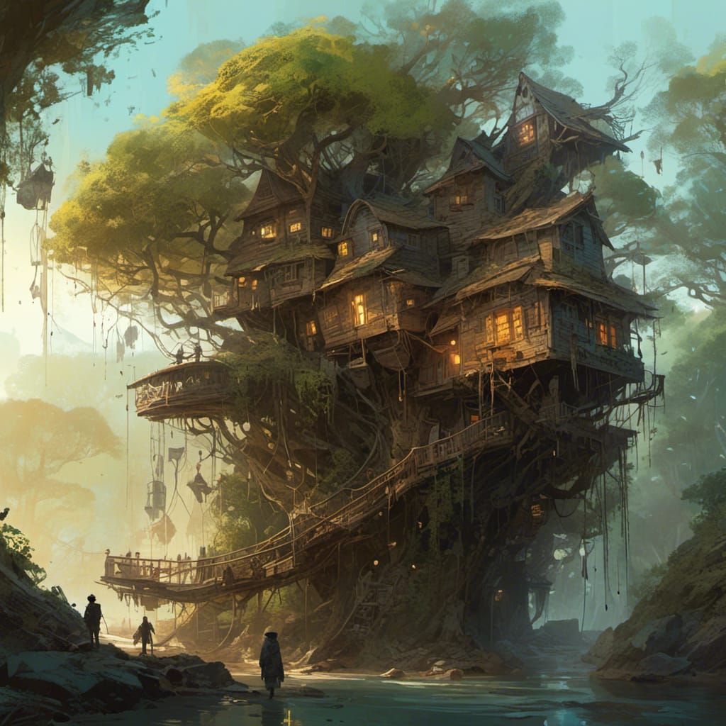 Dystopian Treehouse Portrait at Dawn in Expressionism Style