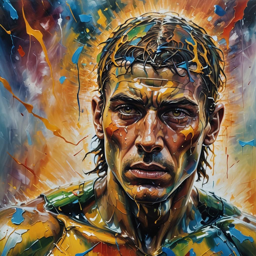 Disembodied Athlete Head in Stadium, Impasto Oil Painting