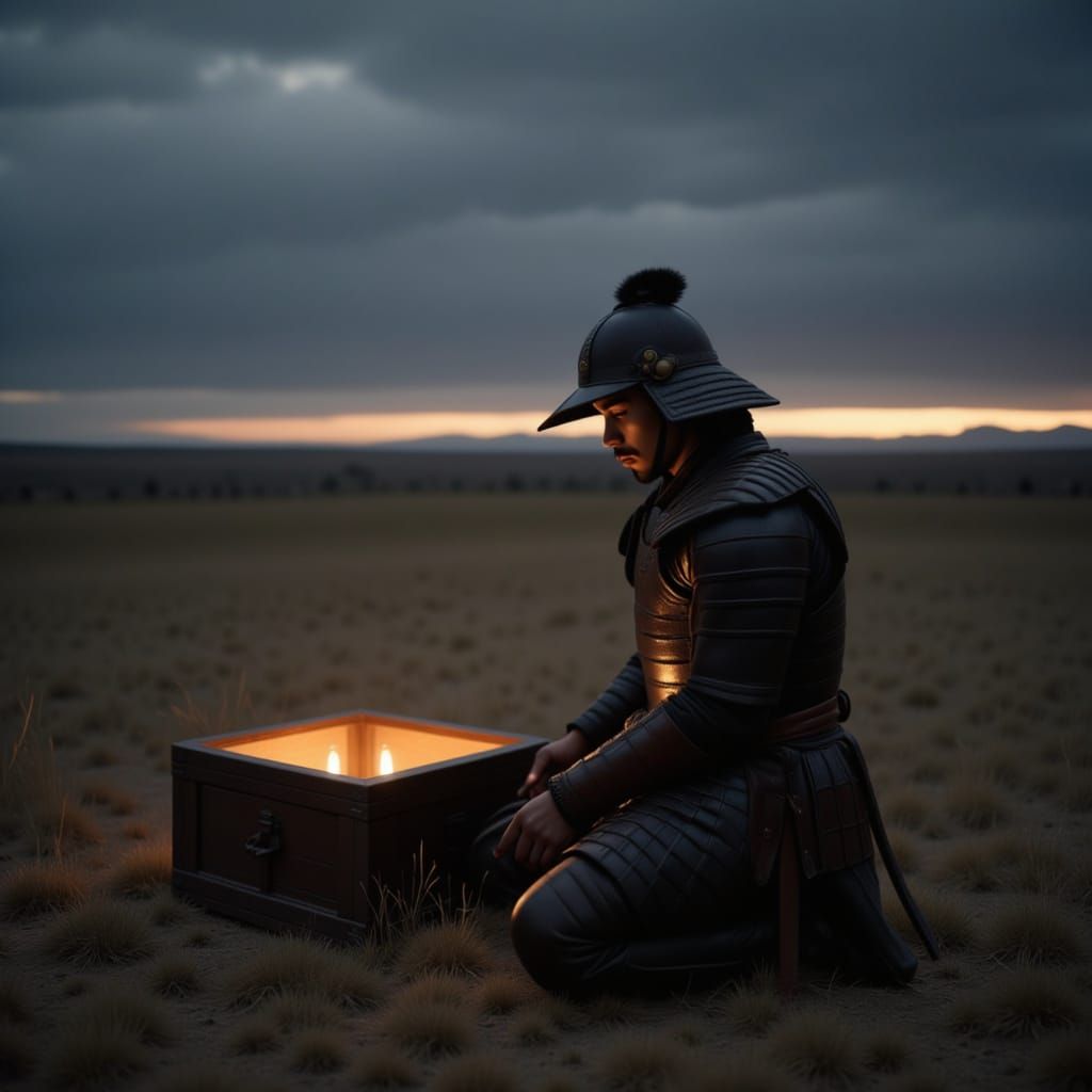 Samurai Kneeling Before a Wooden Chest
