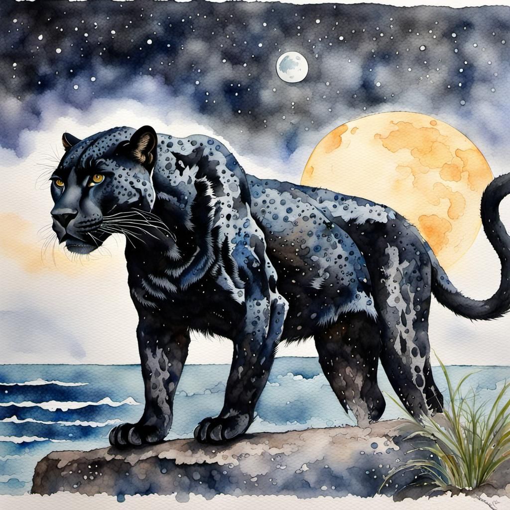 Black Panther in Watercolor Seascape Moonscape