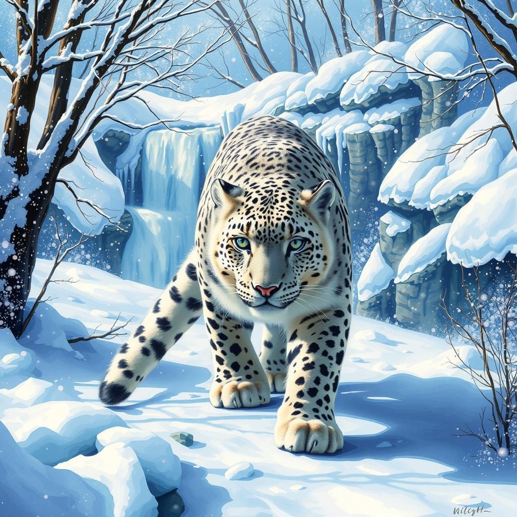 Snow Leopard in Vibrant Kinetic Pointillism
