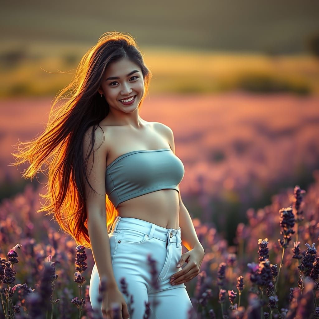 Serene Japanese Woman in Lavender Field at Sunset