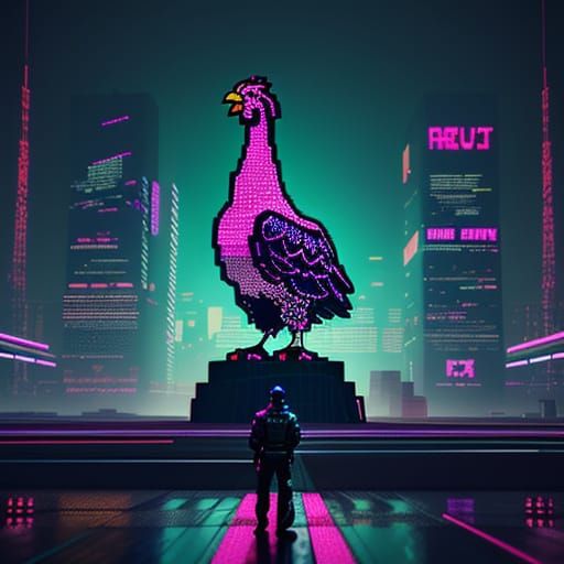 Pixelated Chicken Statue in Neon Cyberpunk Cityscape