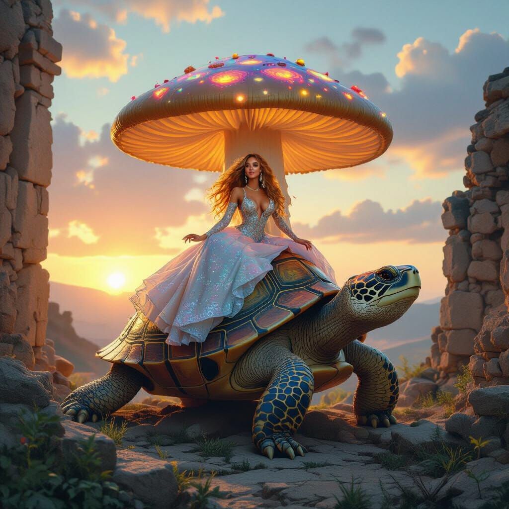 Pop Diva Rides Mushroom Turtle in Ancient Ruins