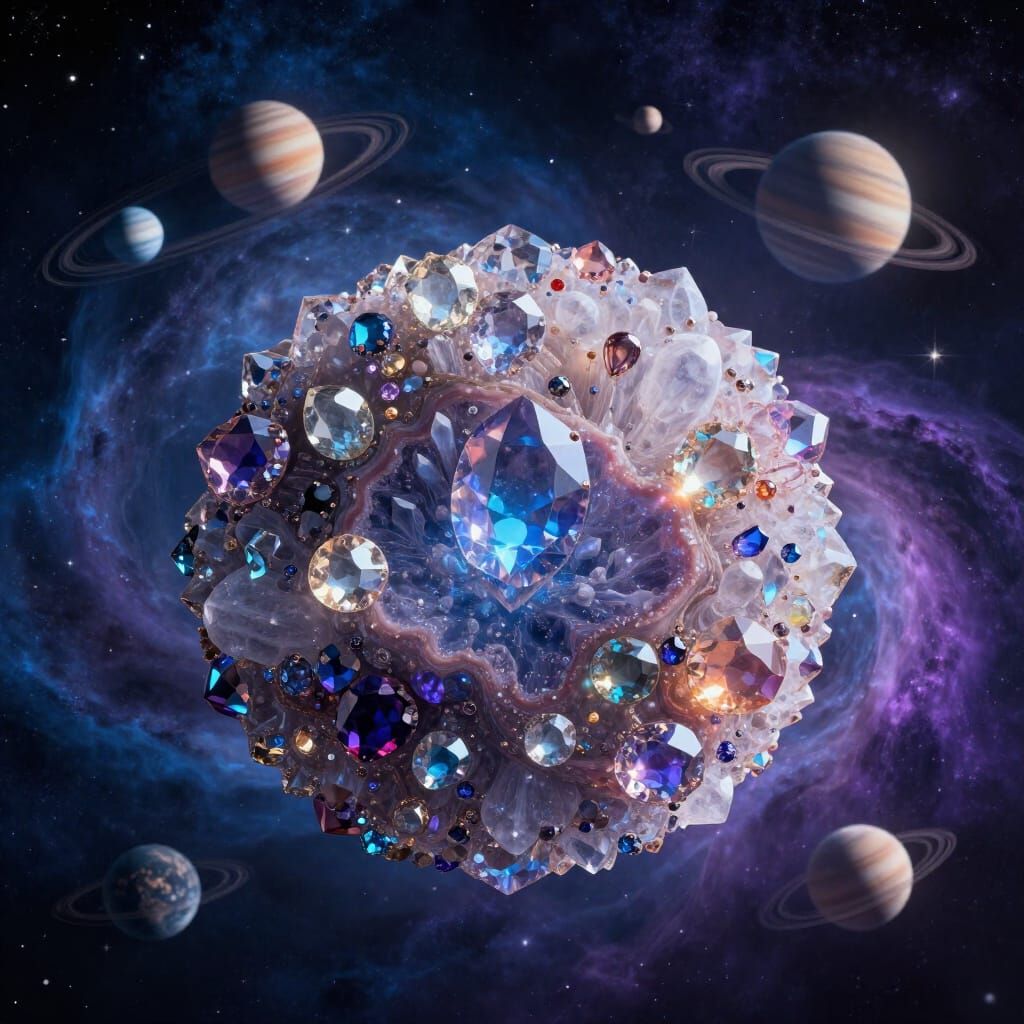 Gemstone Planet and Nebula in Cosmic Concept Art Style