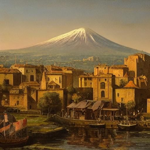 Medieval Naples Cityscape with Vesuvius: Oil Painting