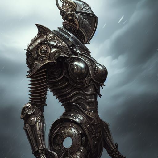 Biomechanical Knight in Stormy Battlefield, Digital Illustra...
