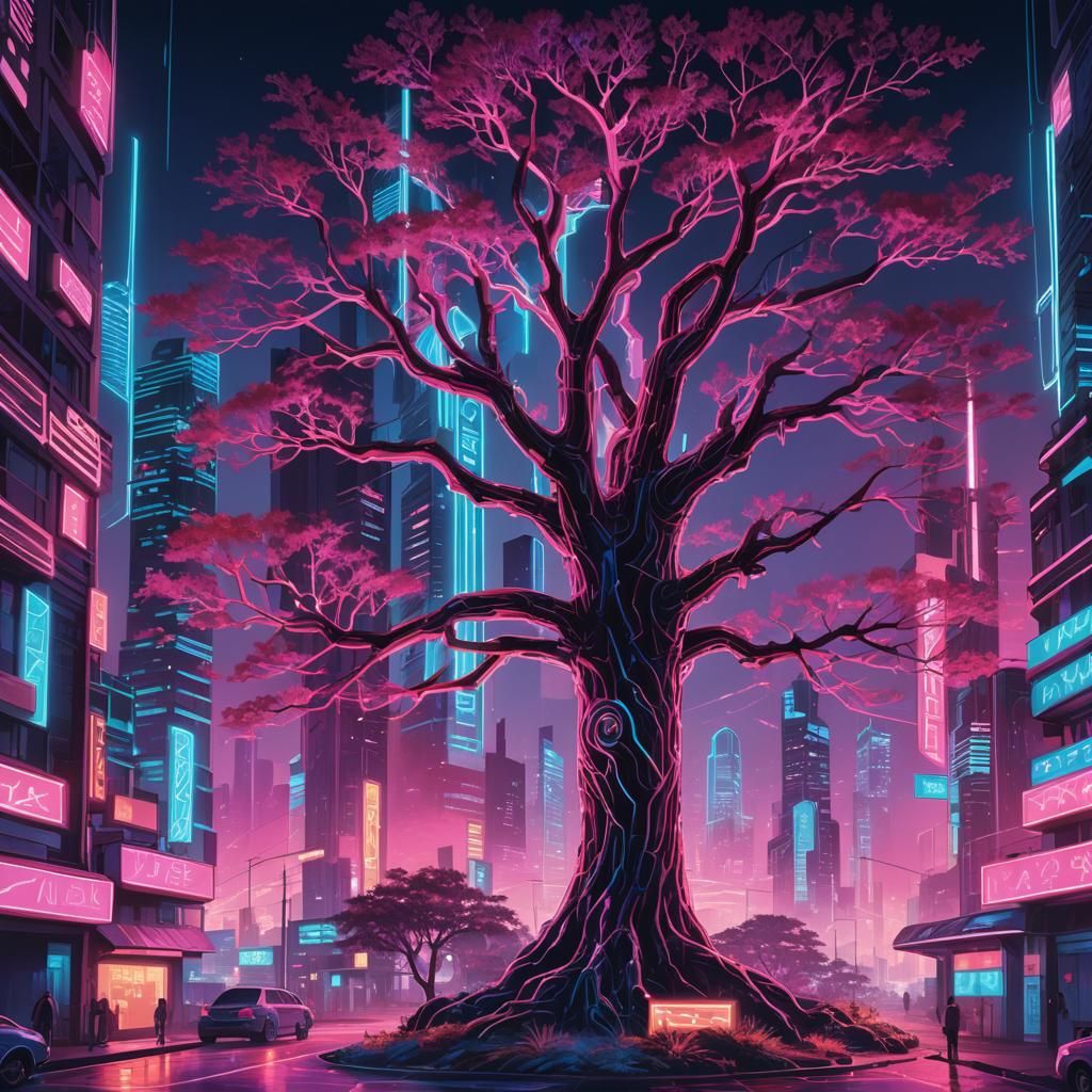 Neon Tree in Cyberpunk Cityscape, Syd Mead Style