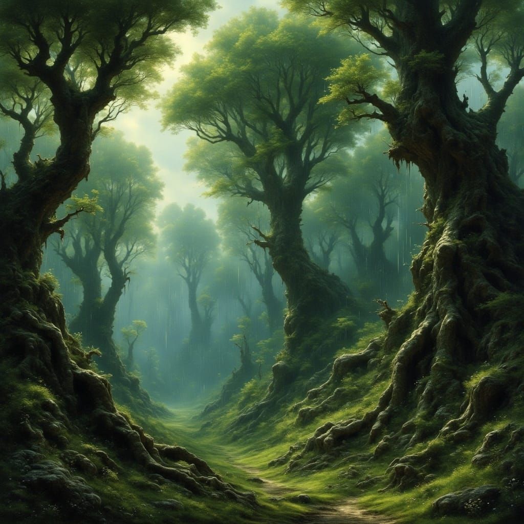 Mystical Raining Landscape in Eerie Fantasy Style