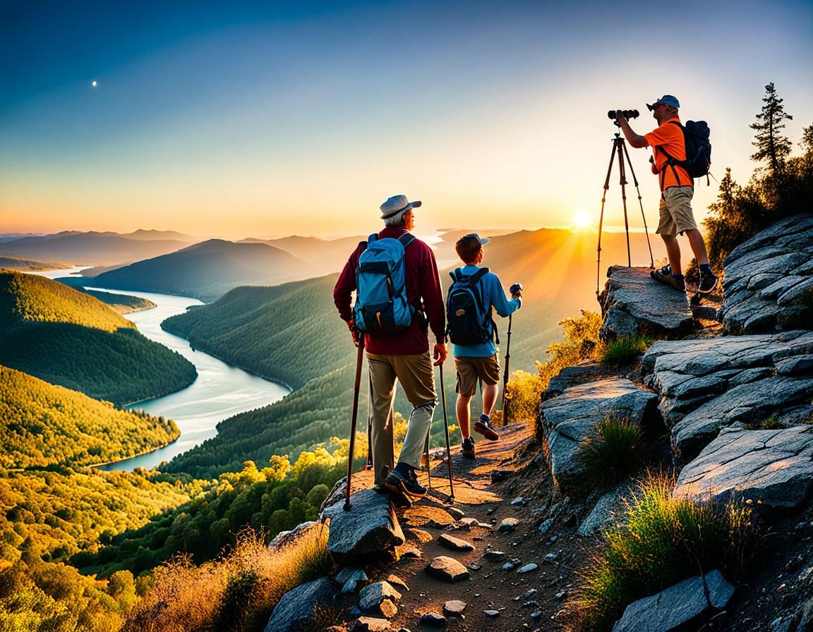 Generational Hike at Sunset: A Hyperrealistic Painting