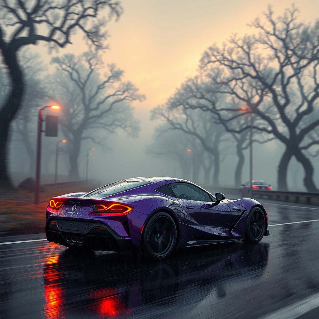 Purple Sports Car on Rainy Highway in Fantasy Style