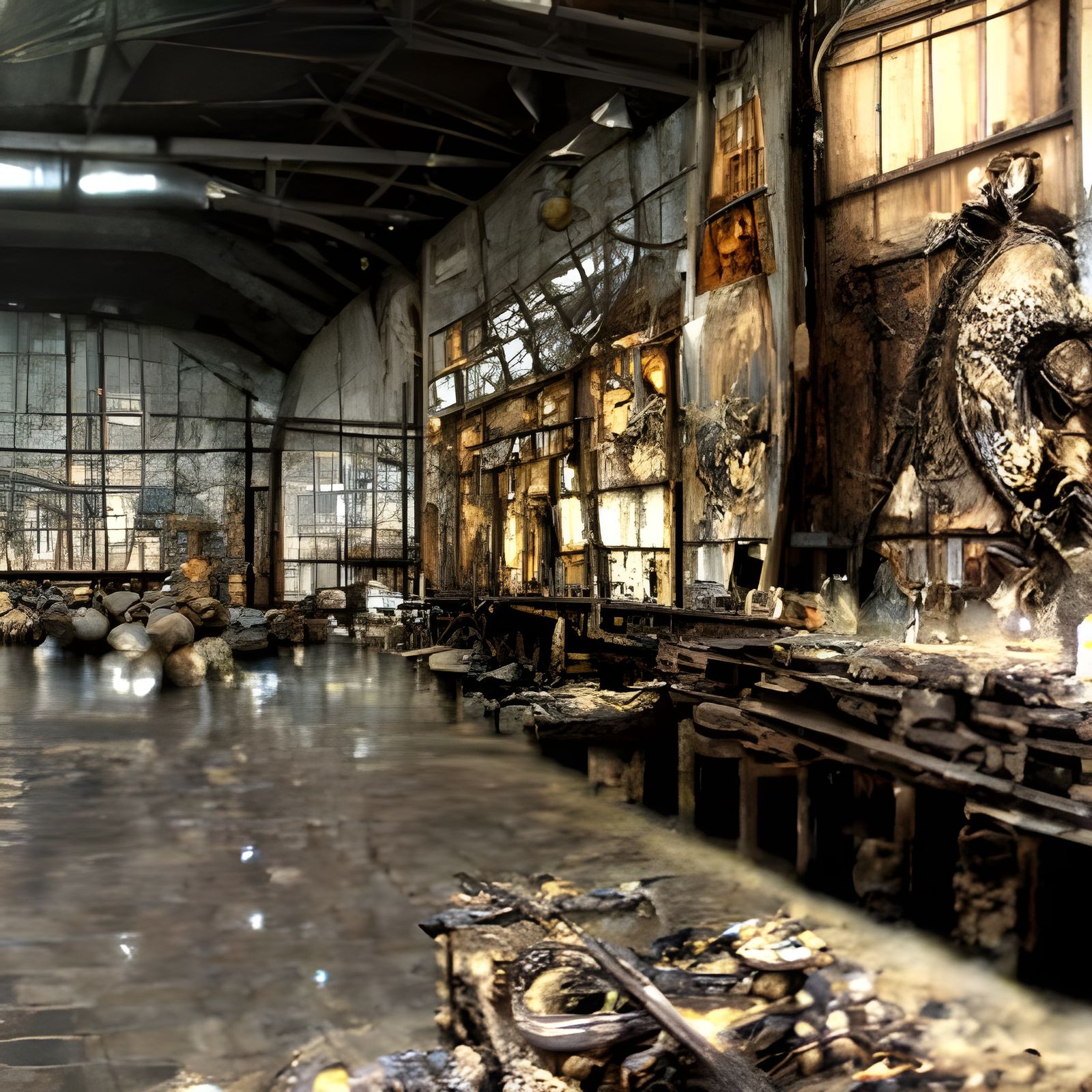 Creepy Owl Demons in Derelict Factory Interior