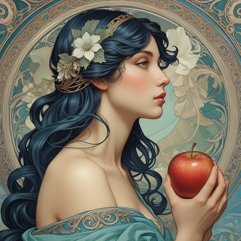 Aphrodite Contemplates Apple in Art Nouveau Style