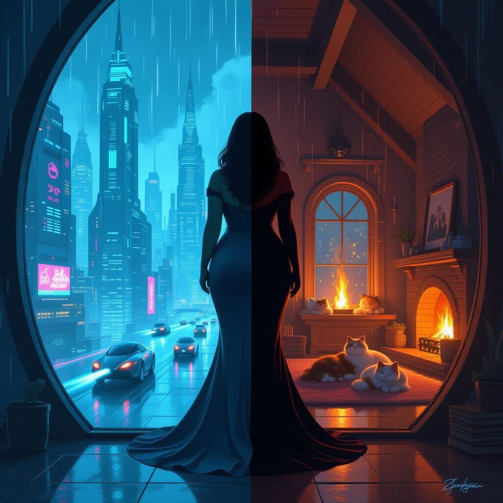 Curvy Woman Divides Cityscape and Cottage Life Digital Paint...