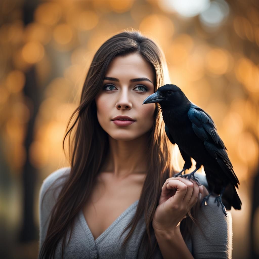 Woman and Crow in Natural Light Photography