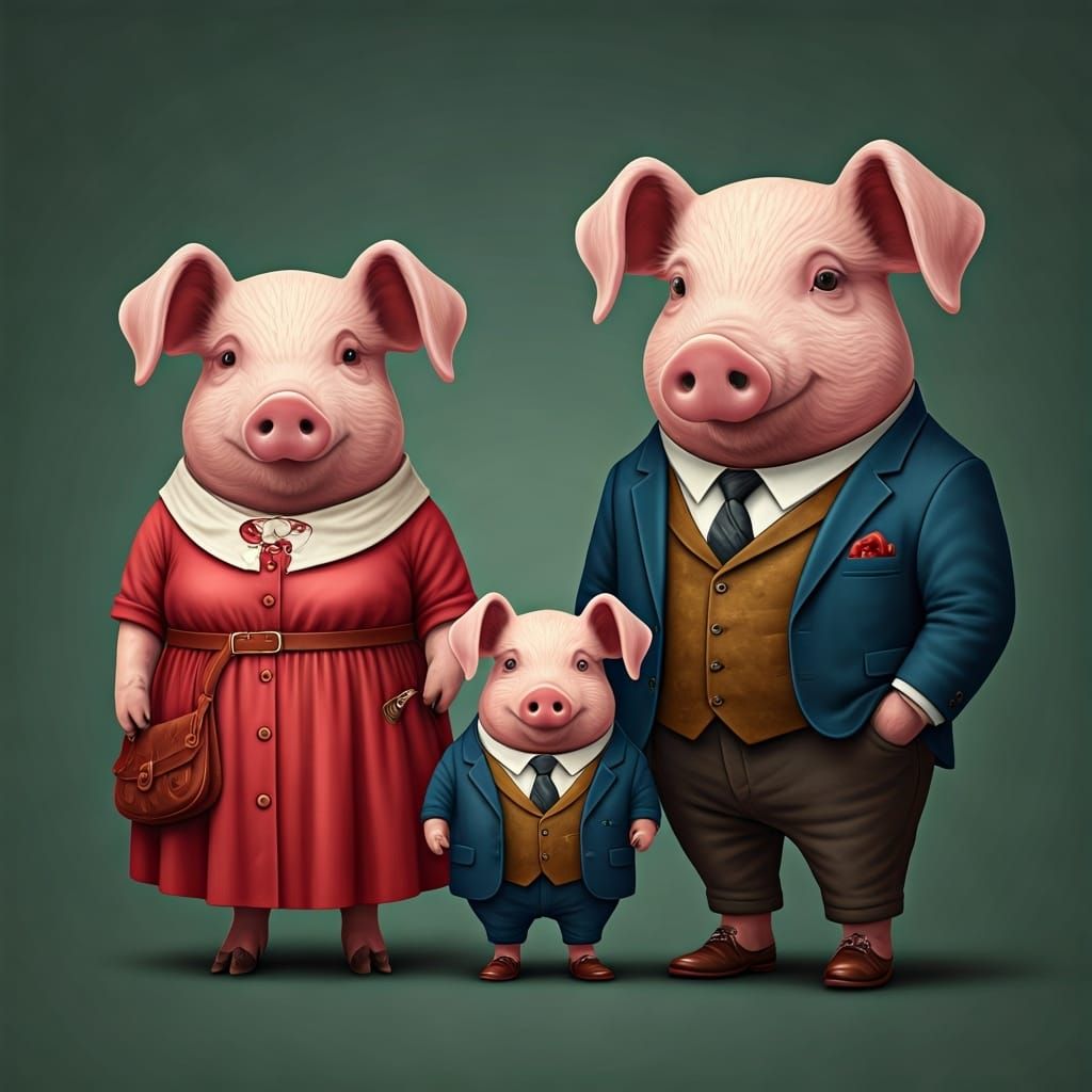 Pig Family Dressed as Humans