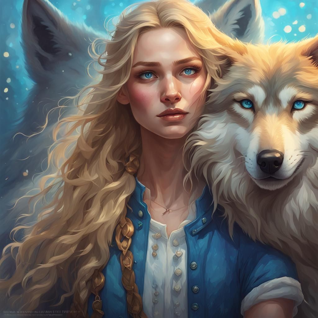 Girl with Wolf Portrait in Hyperdetailed Style