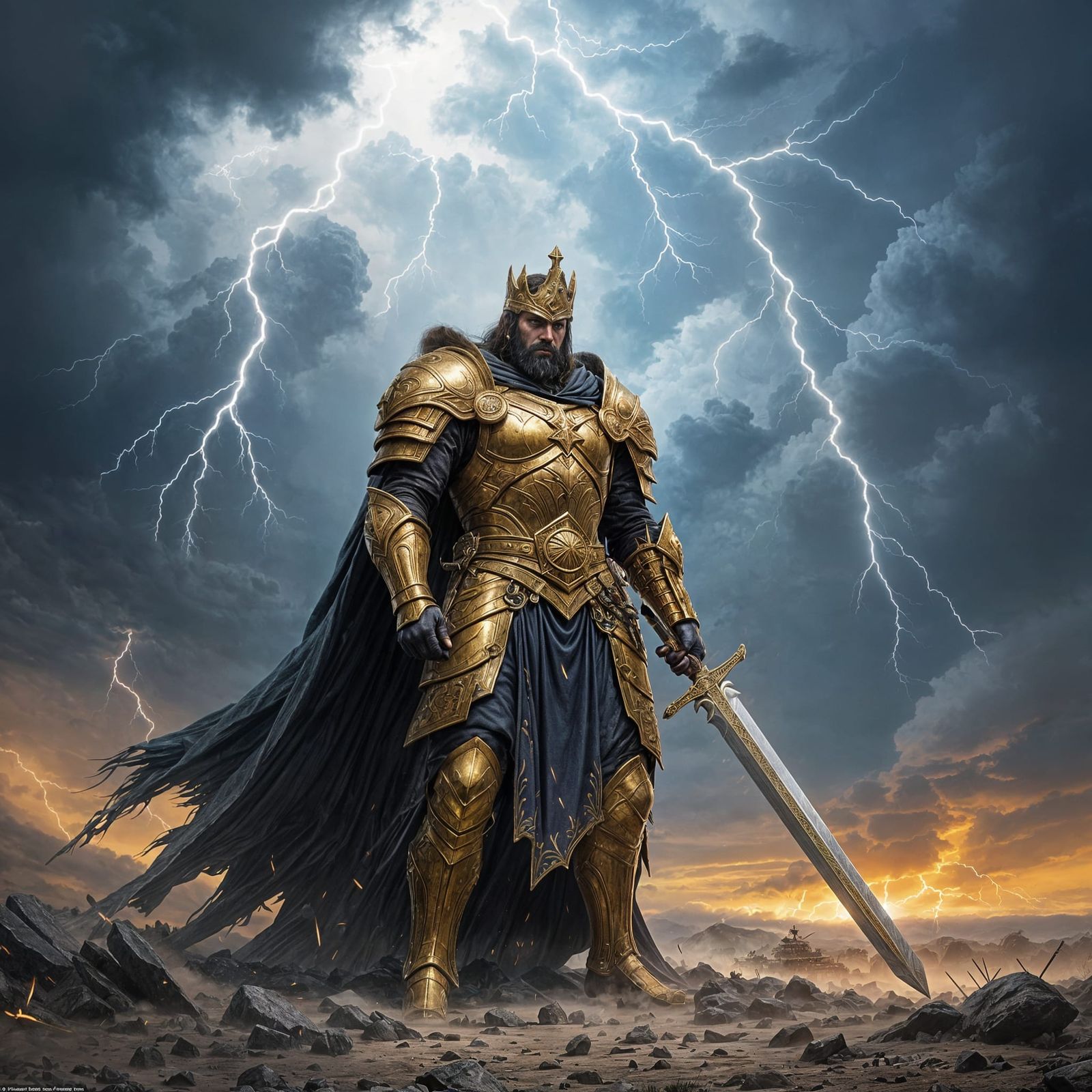 Ancient King on Battlefield with Broken Sword in Storm