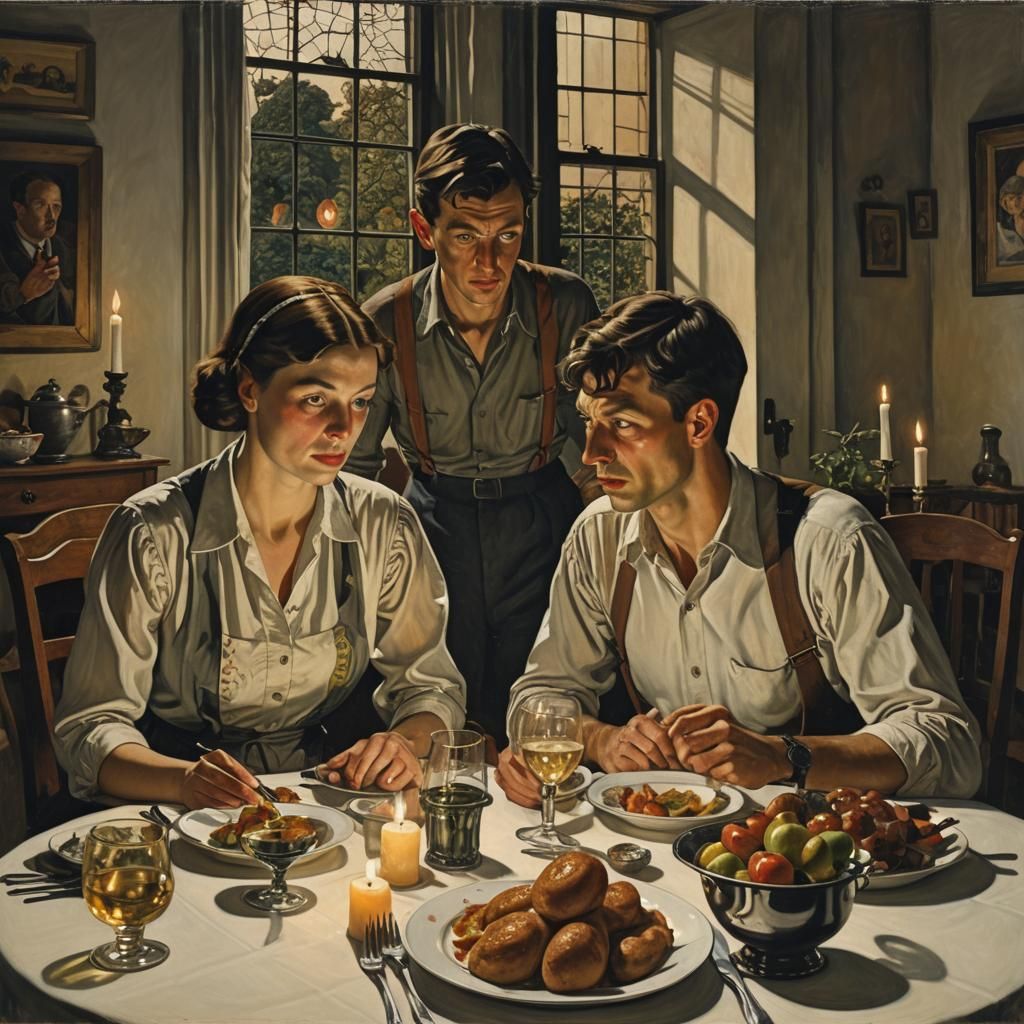 Intimate Dinner Scene in Style of Early 20th Century Art