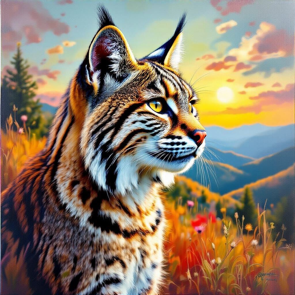 Bobcat Portrait in Foothills, Impasto Oil Painting
