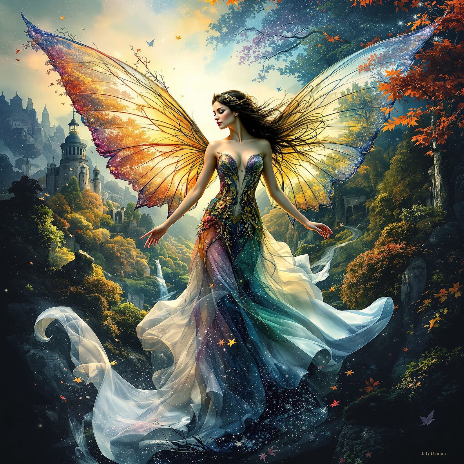 Intricate Fairy in Double Exposure Fantasy Landscape