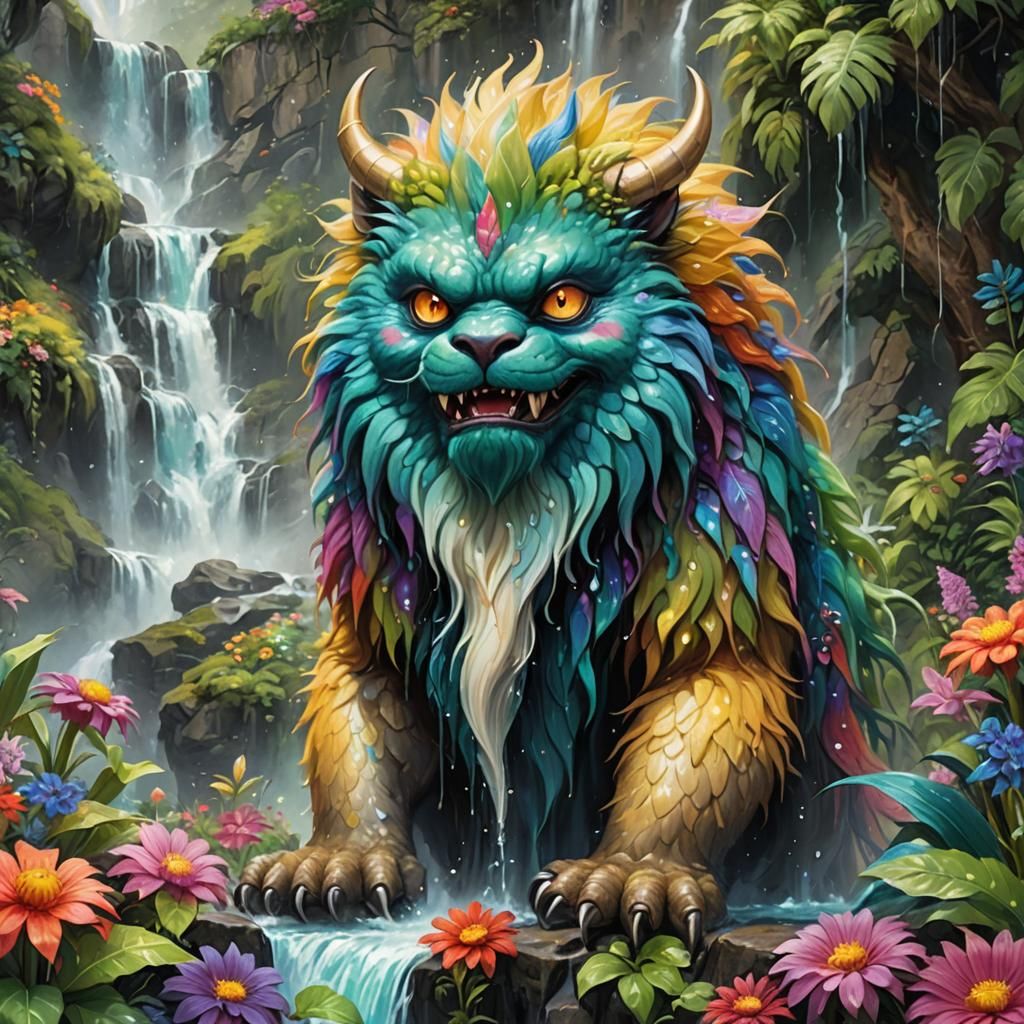 Cute Furry Monster by Waterfall, Oil Painting
