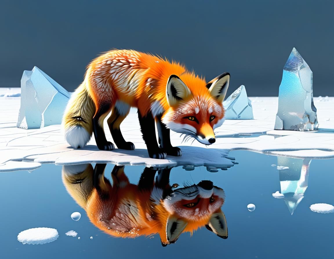 Fox Stuck in Melting Ice With Iridescent Bubbles