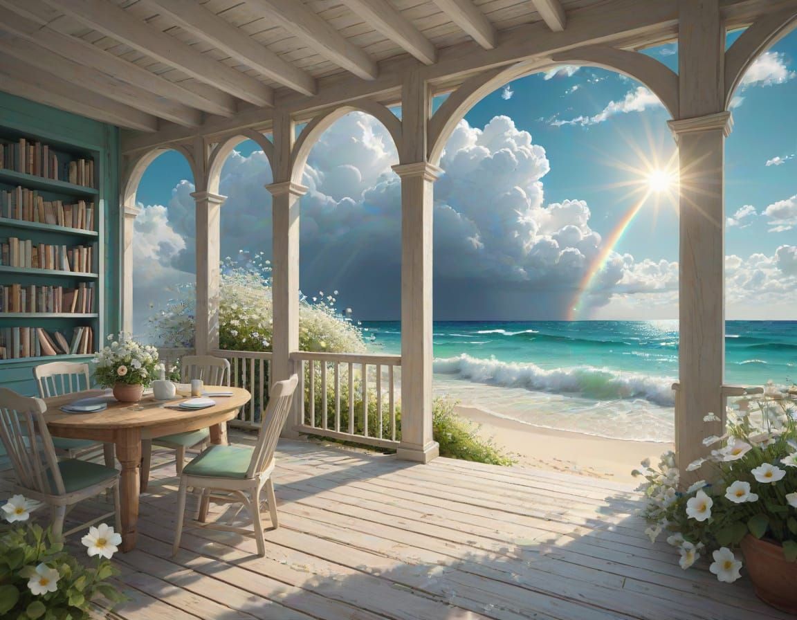 Rustic Veranda with Abstract Coastal View