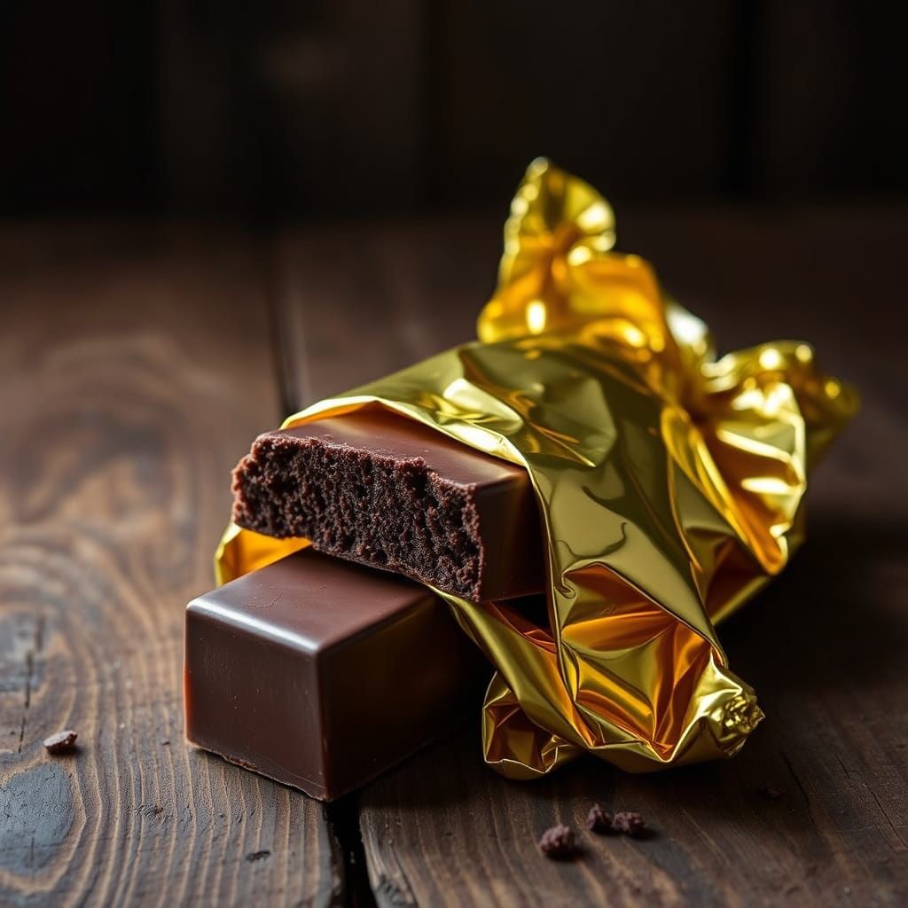 Velvety Chocolate in Golden Foil on Rustic Table