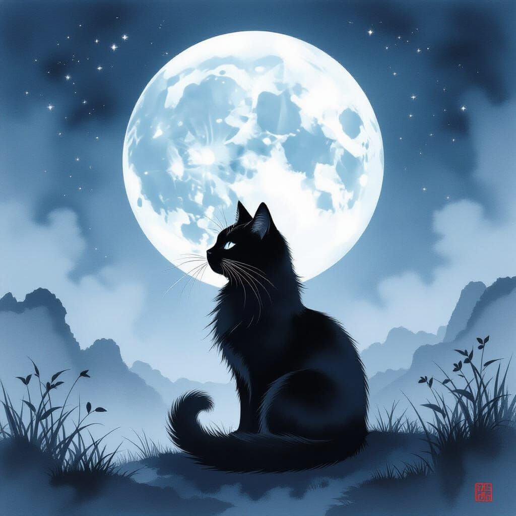 Celestial Ink Cat in Moonlit Landscape