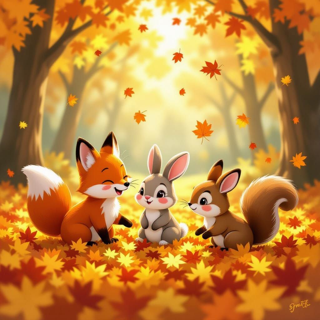 Cute Animals Play in Autumn Leaves Digital Painting