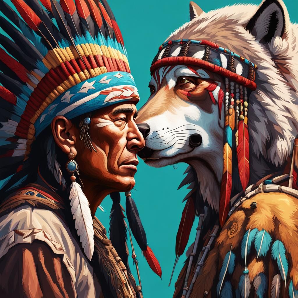 Sioux Tribe and Wolf Totem Pole in Hyperrealism