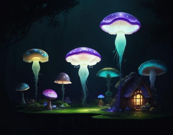 Jellyfish in Toadstool Forest: Beatrix Potter Style