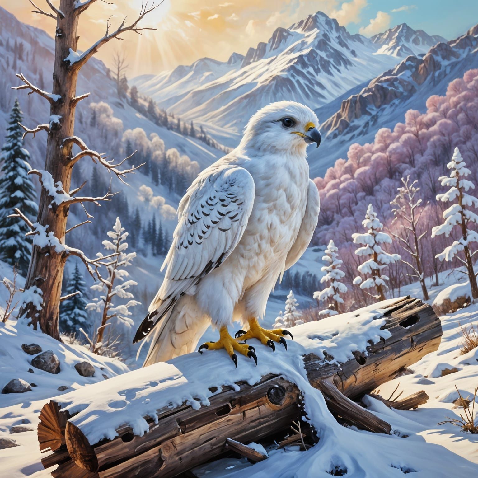 White Falcon in Snowy Mountains: Vibrant Oil Painting