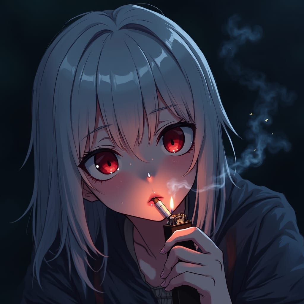 Melancholic Girl Smokes in Somber Atmosphere
