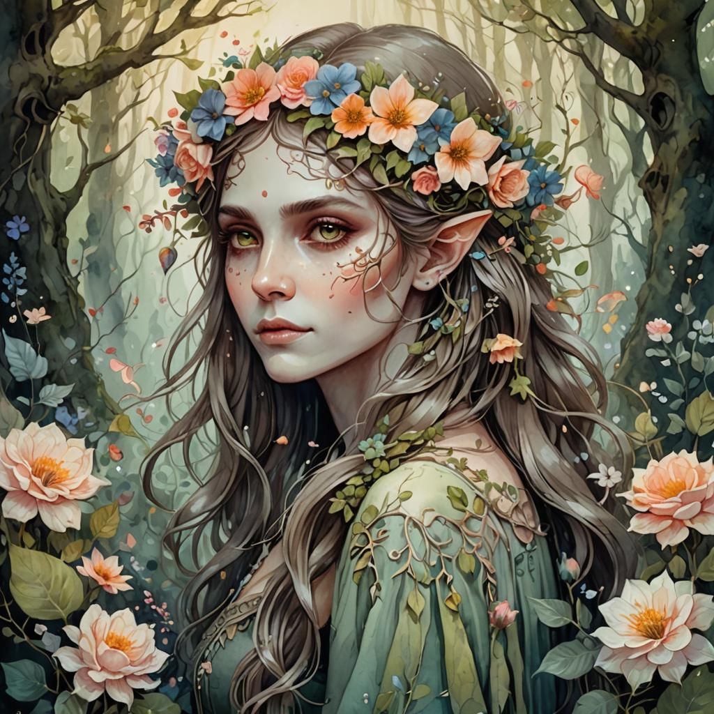 Ethereal Elf Maiden in Mystical Forest Watercolor