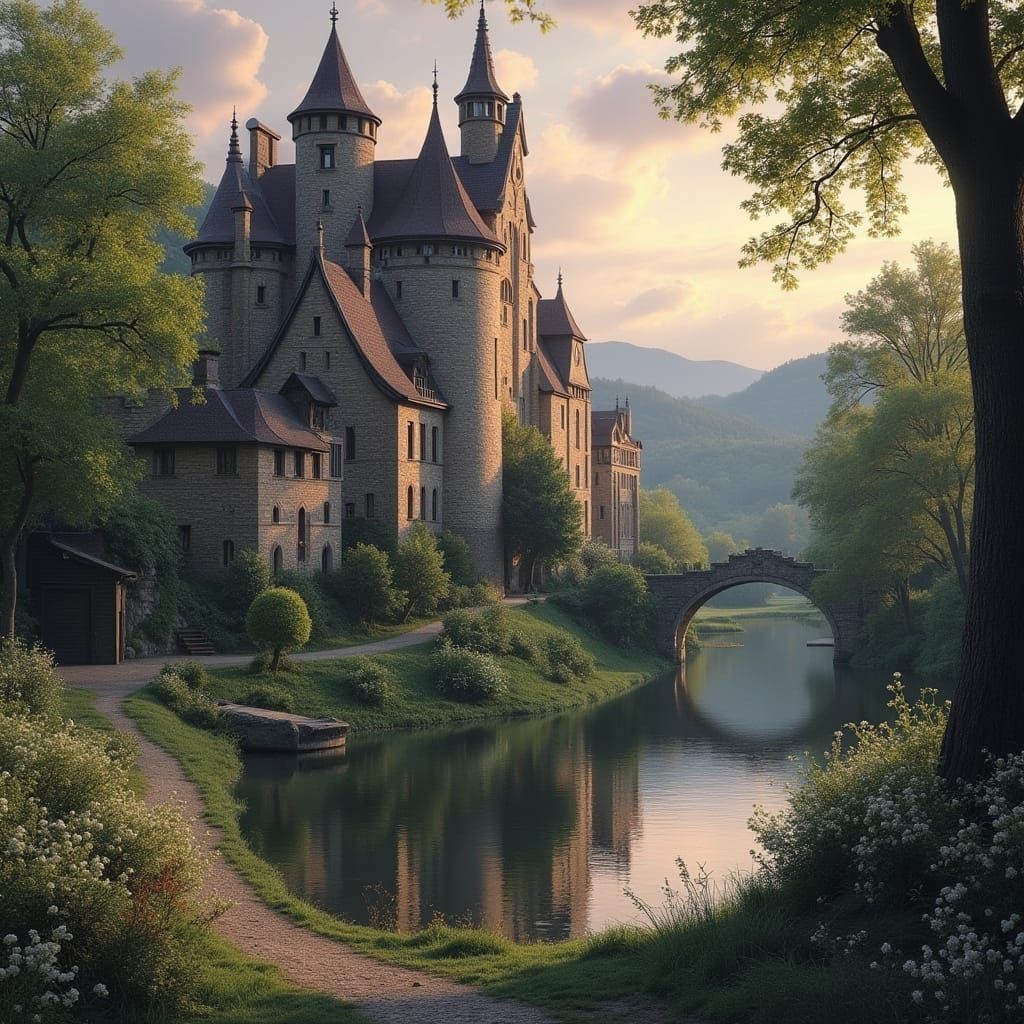 Castle Brewery Amidst Cherry Orchards in Warm Golden Light