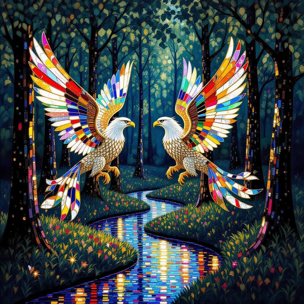 Griffins with Stained Glass Wings in Sequin Forest