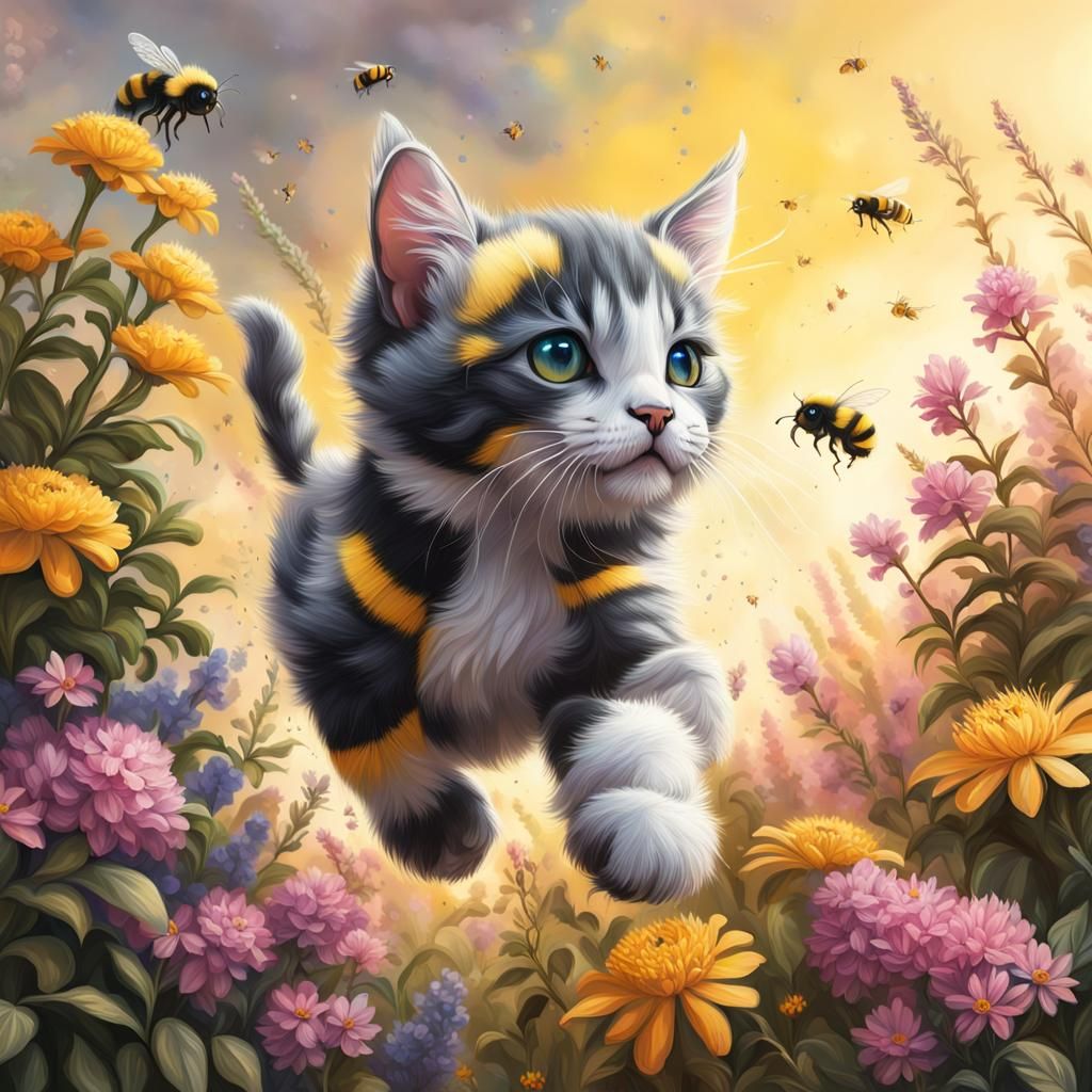 Bumblebee Kitten Fly on Flower Bushes: Splash Art