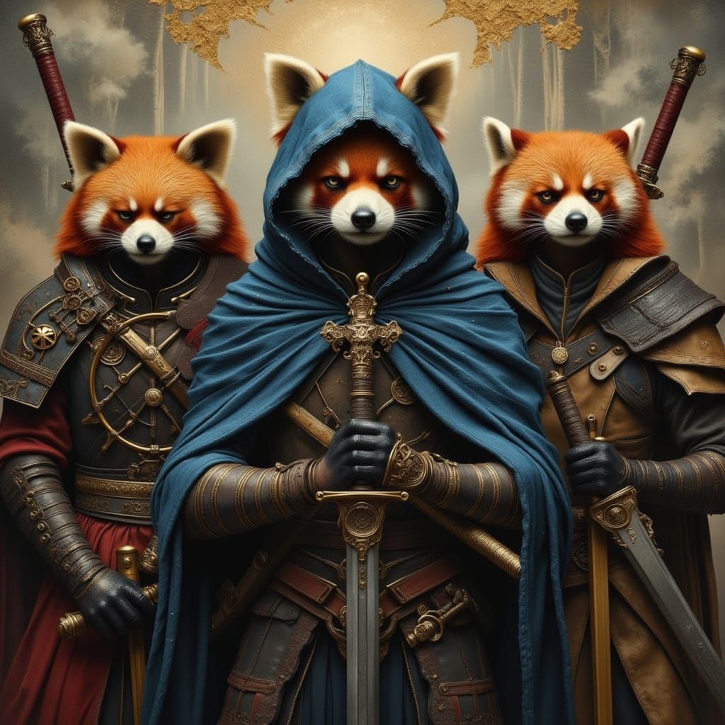 Red Panda Warriors in Mystical Robes, Oil Painting Style