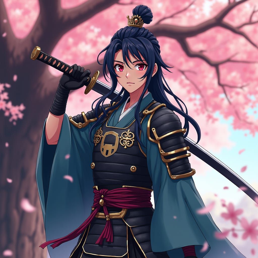 Samurai Posing by Cherry Blossom Tree in Anime Style