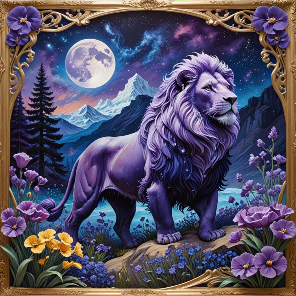 Majestic Lion in Lavender Dreamscape with Galaxy Sky
