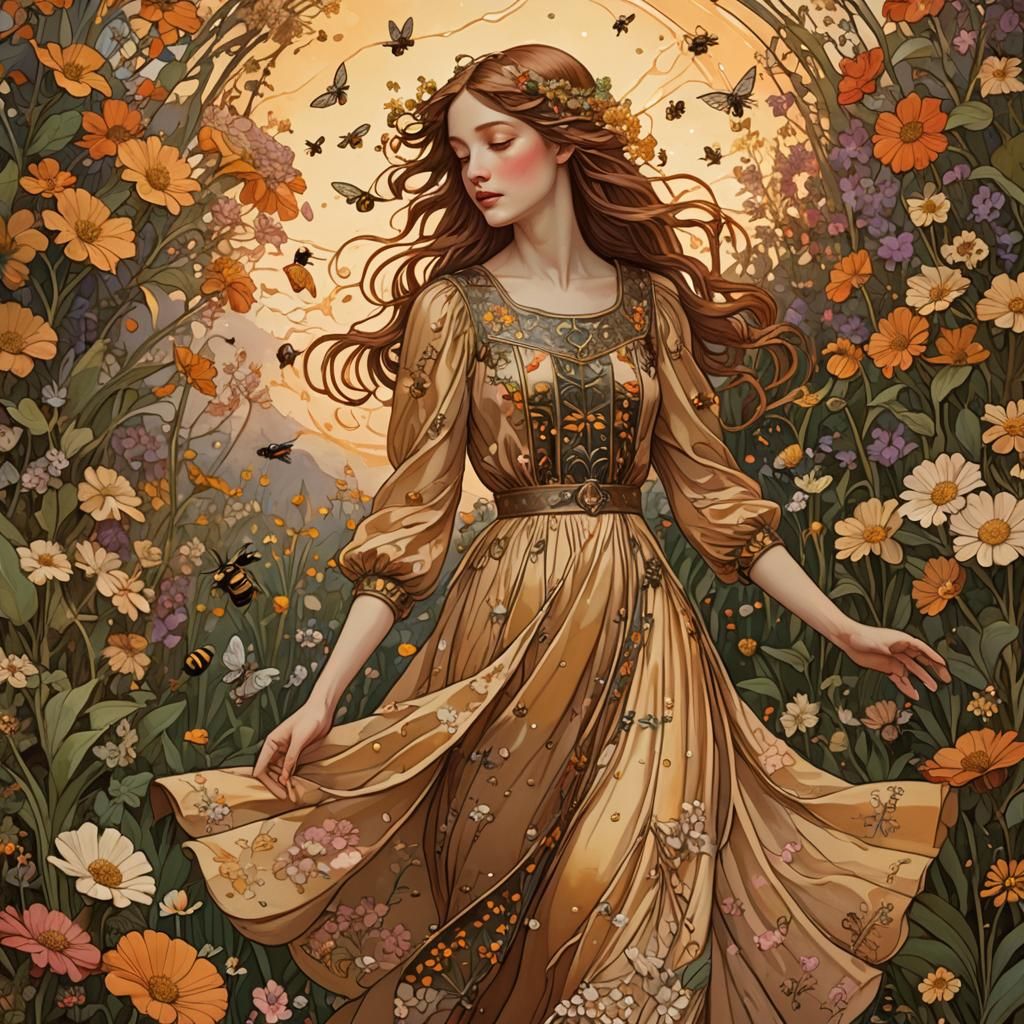 Girl in Lush Garden with Bees: Art Nouveau Illustration