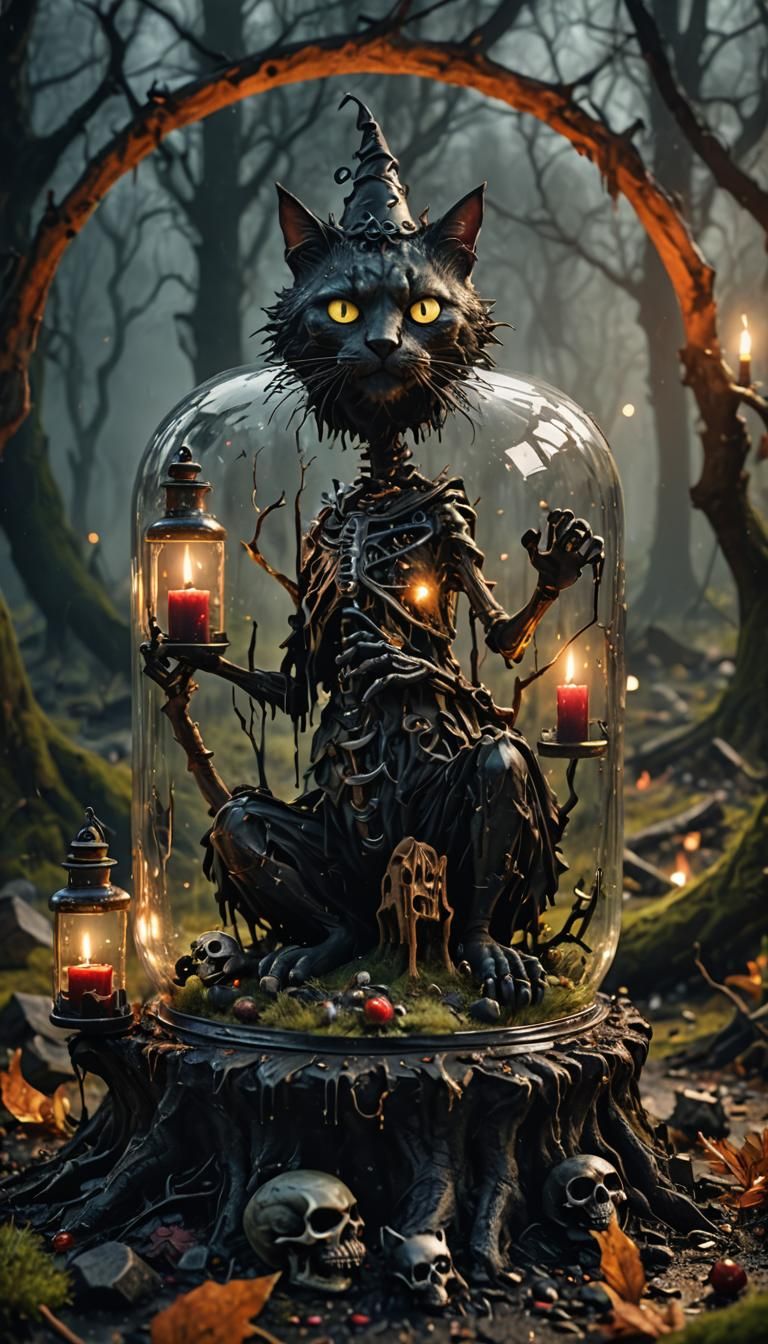 Demonic Witch and Cat in Bottle: Horror Landscape