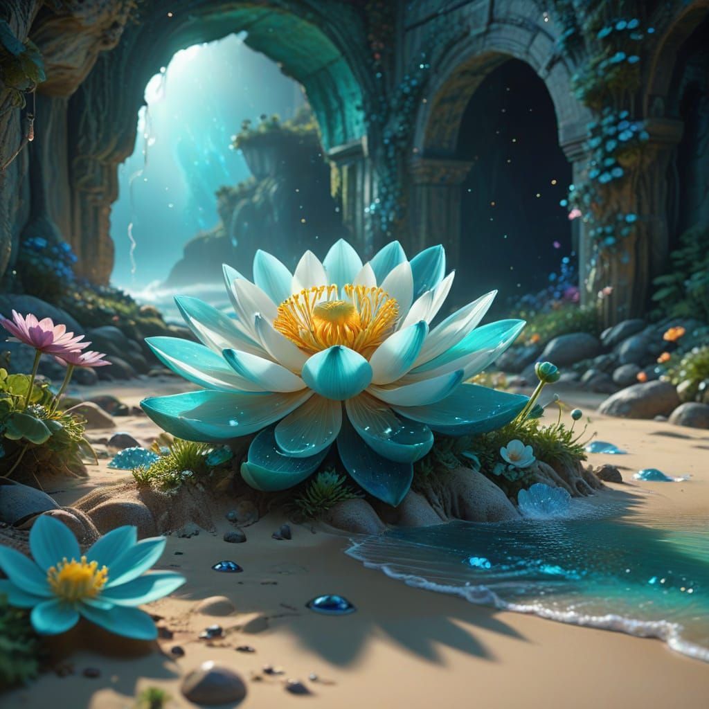Celestial Lotus in Stone Portal: Surreal Oil Painting